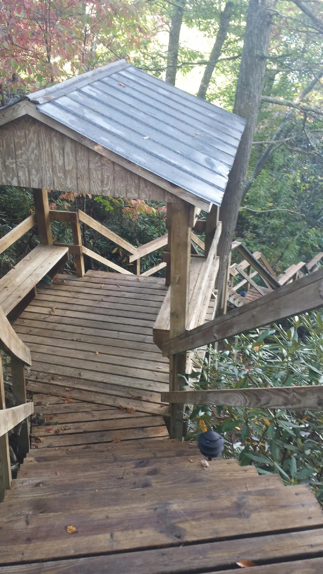 Metal roofed shelter over wooden steps on a wooded walkway — Skylight Repair & Installation work by our crew in Filer